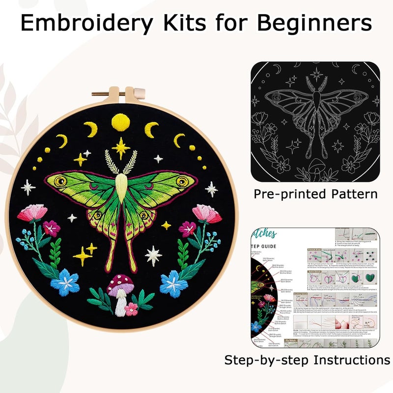 Nuberlic Moth Embroidery Kits for Beginners - Embroidery Starter Cross Stitch Kit DIY Needlepoint Including Cloth with Pattern, Hoop, Needles Instruction and Threads - Image 5
